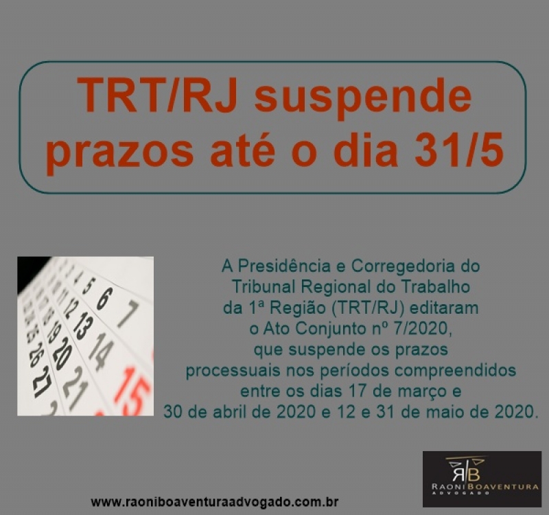 TRT/RJ suspende prazos até o dia 31/5