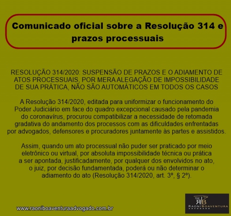 Comunicado oficial sobre a Resolução 314 e prazos processuais