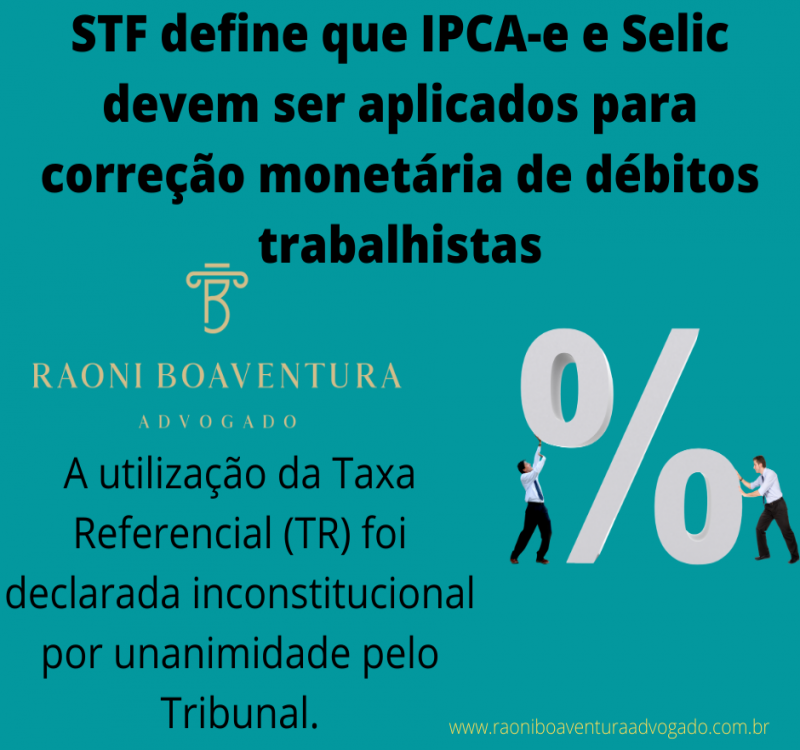 STF define que IPCA-e e Selic devem ser aplicados para correção monetária de débitos trabalhistas