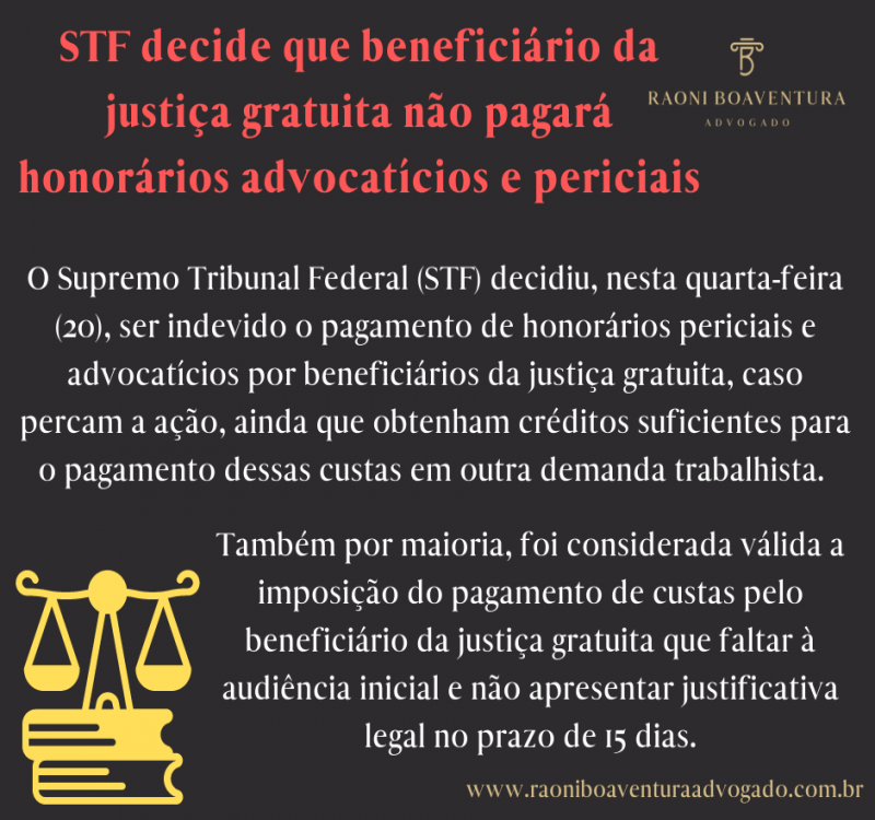 STF decide que beneficiário da justiça gratuita não pagará honorários advocatícios e periciais