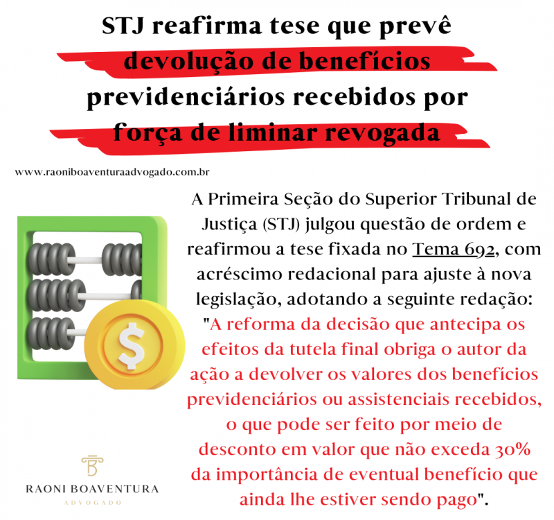 STJ reafirma tese que prevê devolução de benefícios previdenciários recebidos por força de liminar revogada